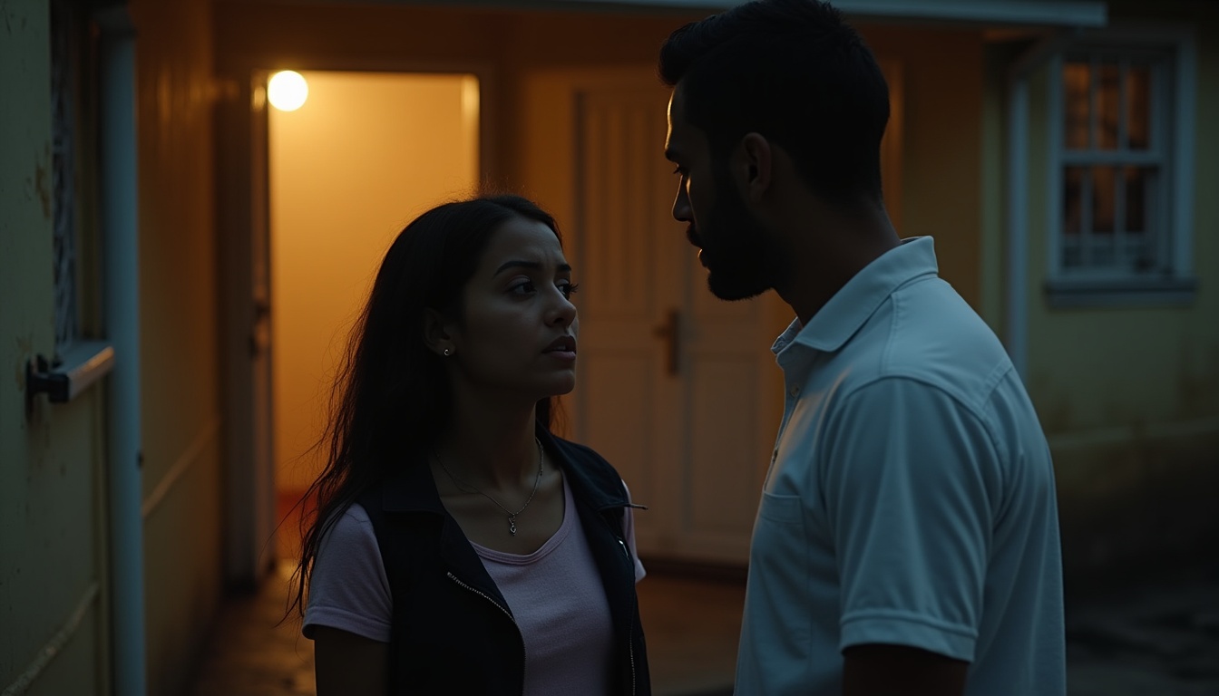 Escena fotorealista del contexto íntimo del caso en República Dominicana, con señales de Control, Poder y Hermanos.
