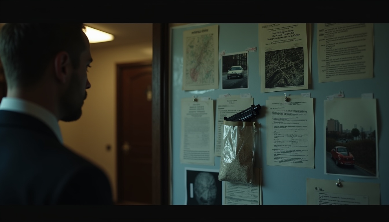 Escena fotorealista de investigación y consecuencias del caso en Estados Unidos, con pistas ligadas a Dinero, Obsesión.