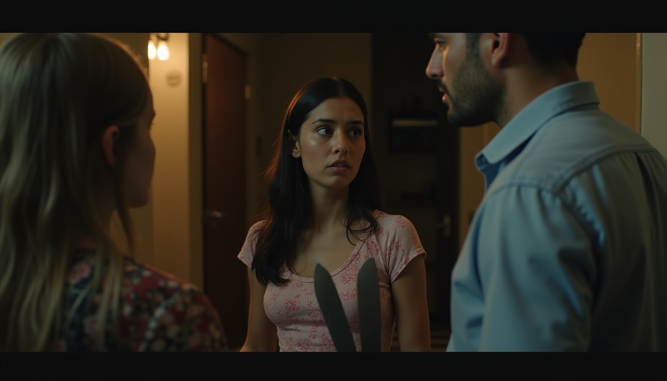 Escena fotorealista del contexto íntimo del caso en República Dominicana, con señales de un conflicto y Novios, Hermanos.