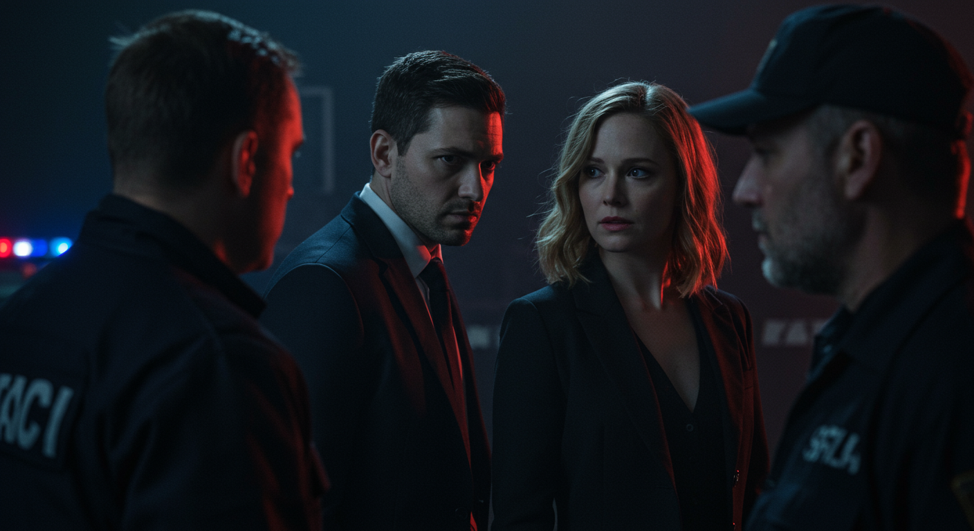 Escena fotorealista de investigación y consecuencias del caso en Otros países, con pistas ligadas a Celos, Poder.