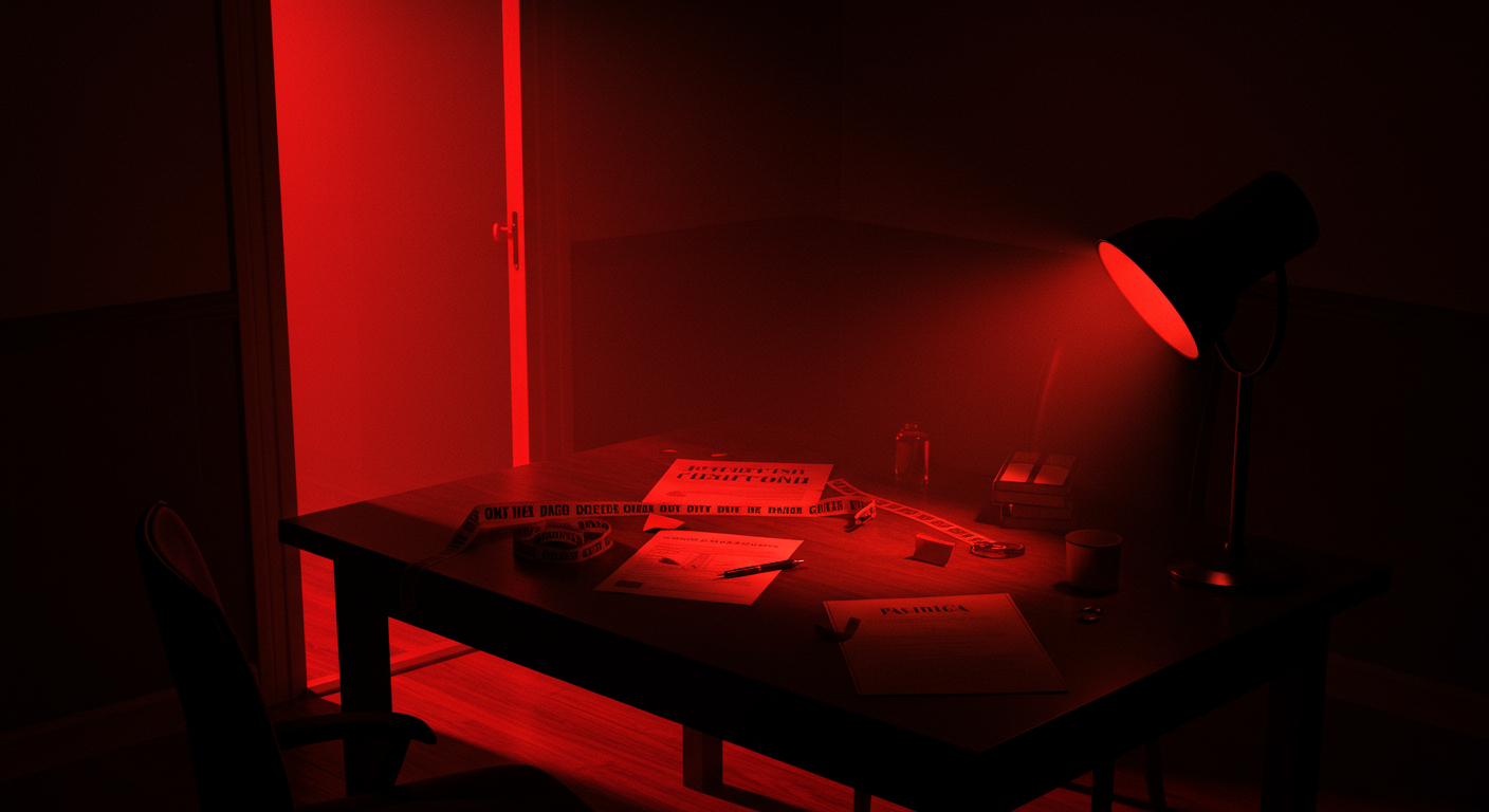 Ilustración noir sobre la investigación y consecuencias del caso en Argentina, con señales de Control, Poder.