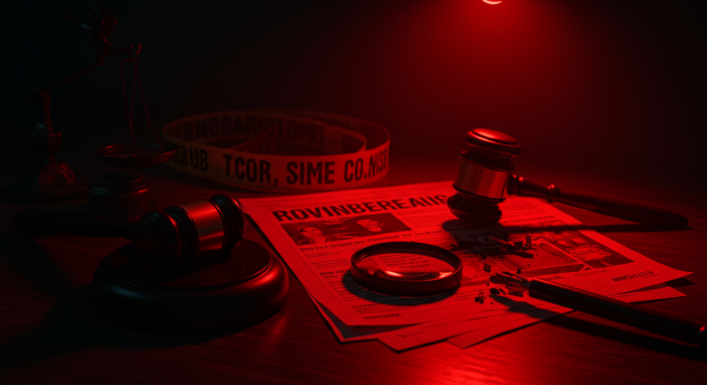 Ilustración noir sobre la investigación y consecuencias del caso en Argentina, con señales de Poder.