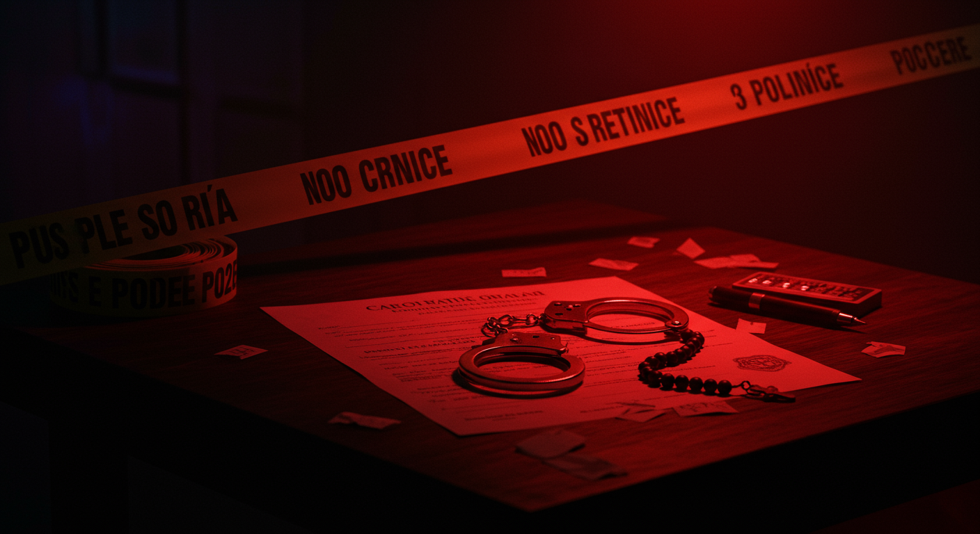 Ilustración noir sobre la investigación y consecuencias del caso en Argentina, con señales de Poder.