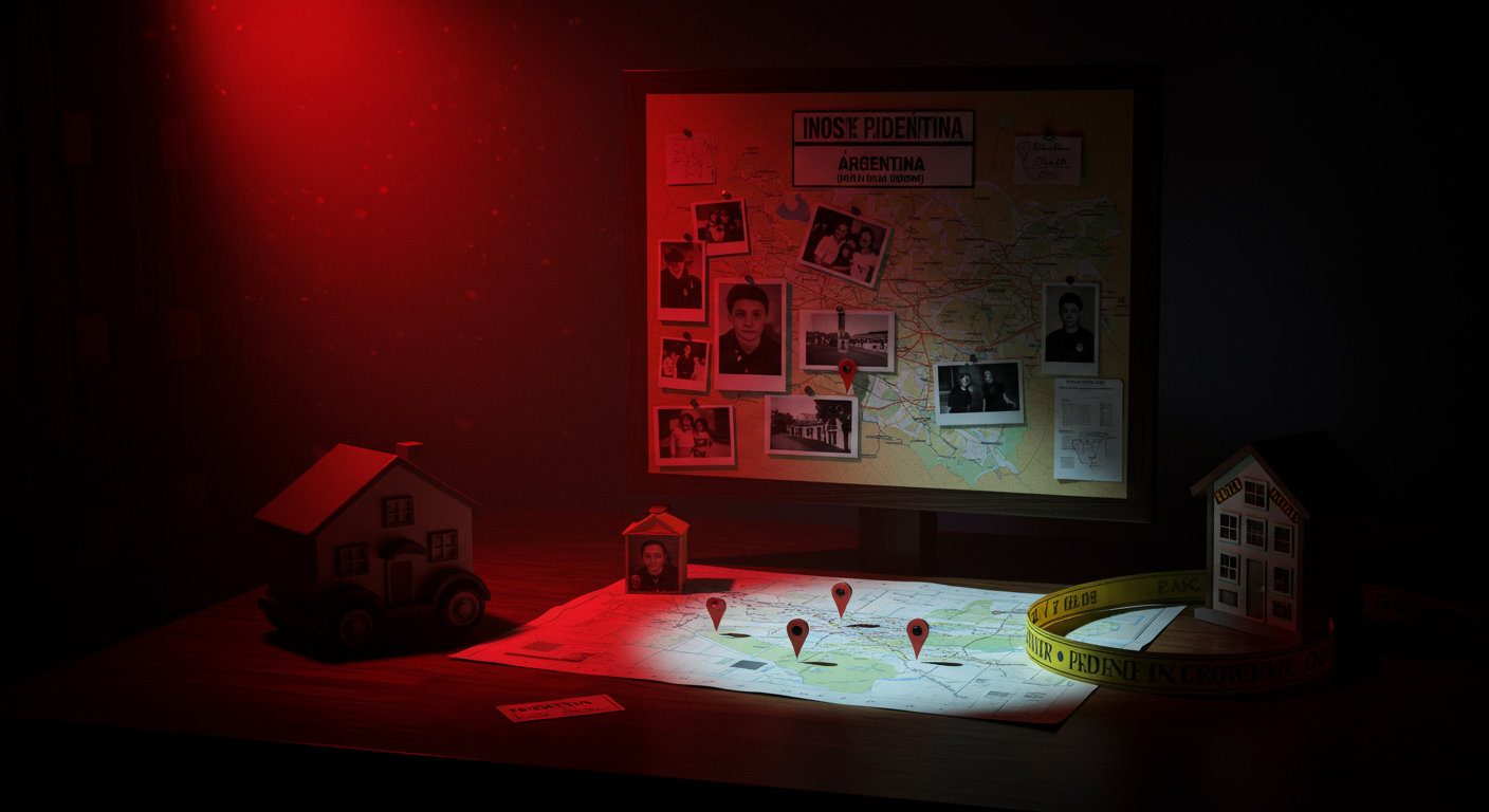 Ilustración noir sobre la investigación y consecuencias del caso en Argentina, con señales de Poder.