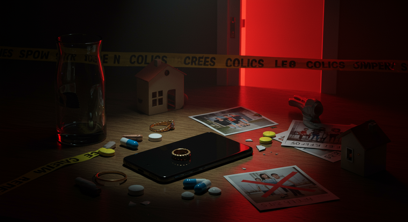 Ilustración noir sobre la investigación y consecuencias del caso en España, con señales de Celos, Control.