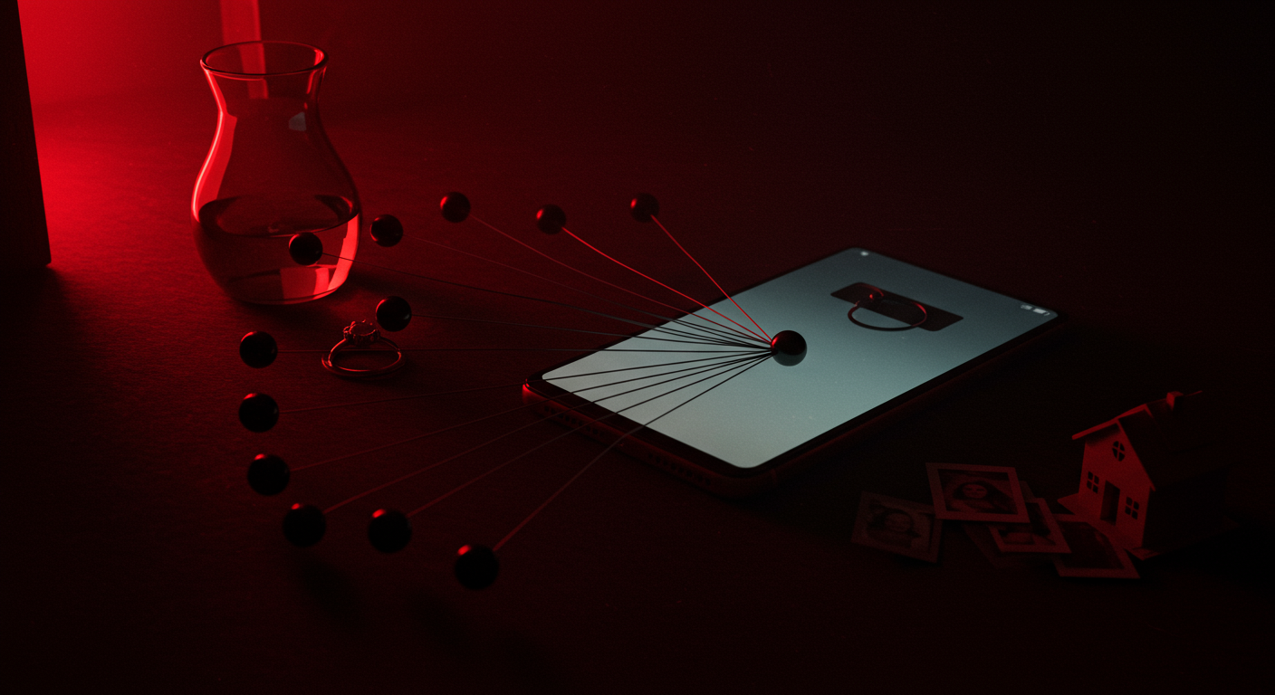 Ilustración simbólica de un crimen pasional en España, ligado a Celos, Control y Amigos cercanos, Padres e Hijos.