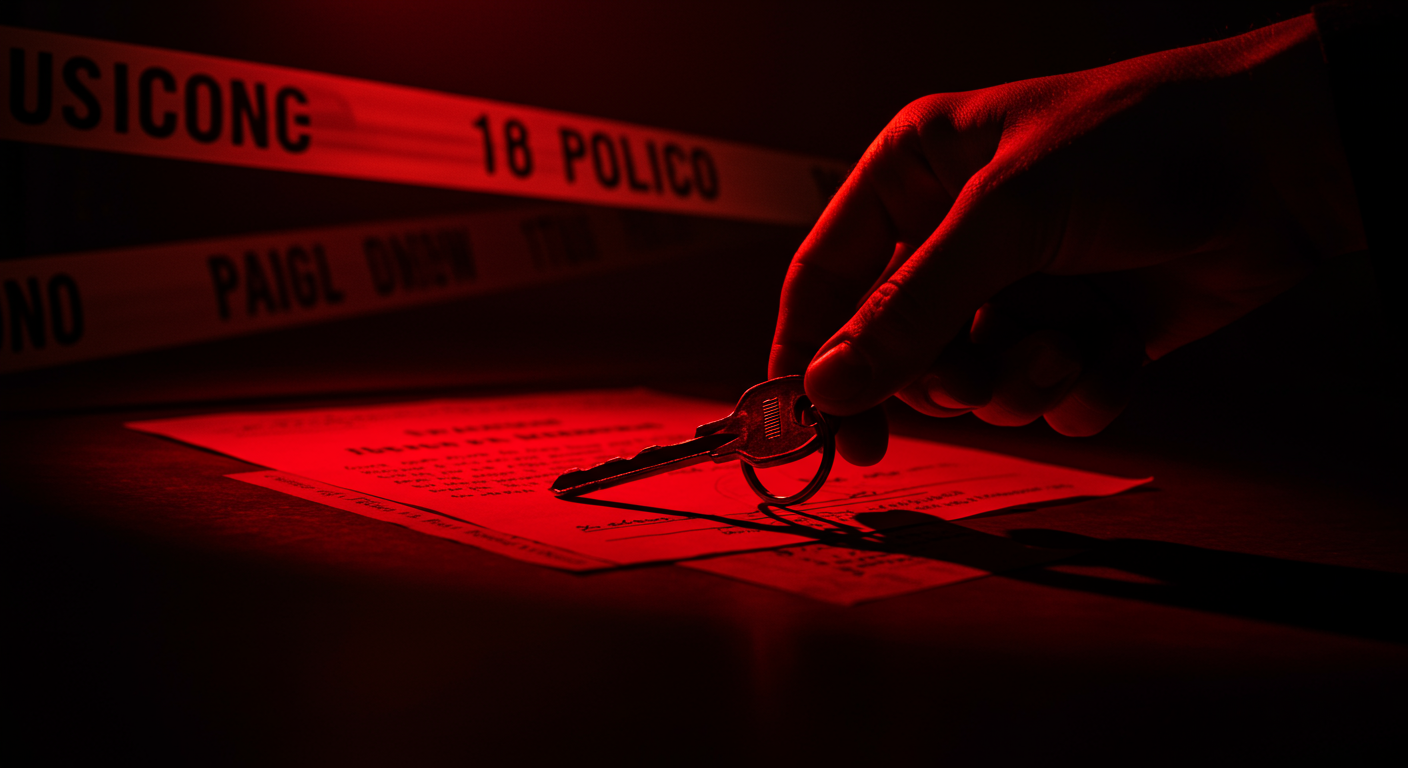 Ilustración noir sobre la investigación y consecuencias del caso en Estados Unidos, con señales de Abandono, Dinero.