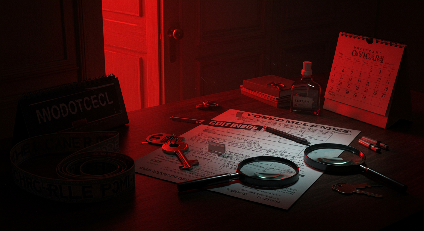 Ilustración noir sobre la investigación y consecuencias del caso en Estados Unidos, con señales de Control, Obsesión.