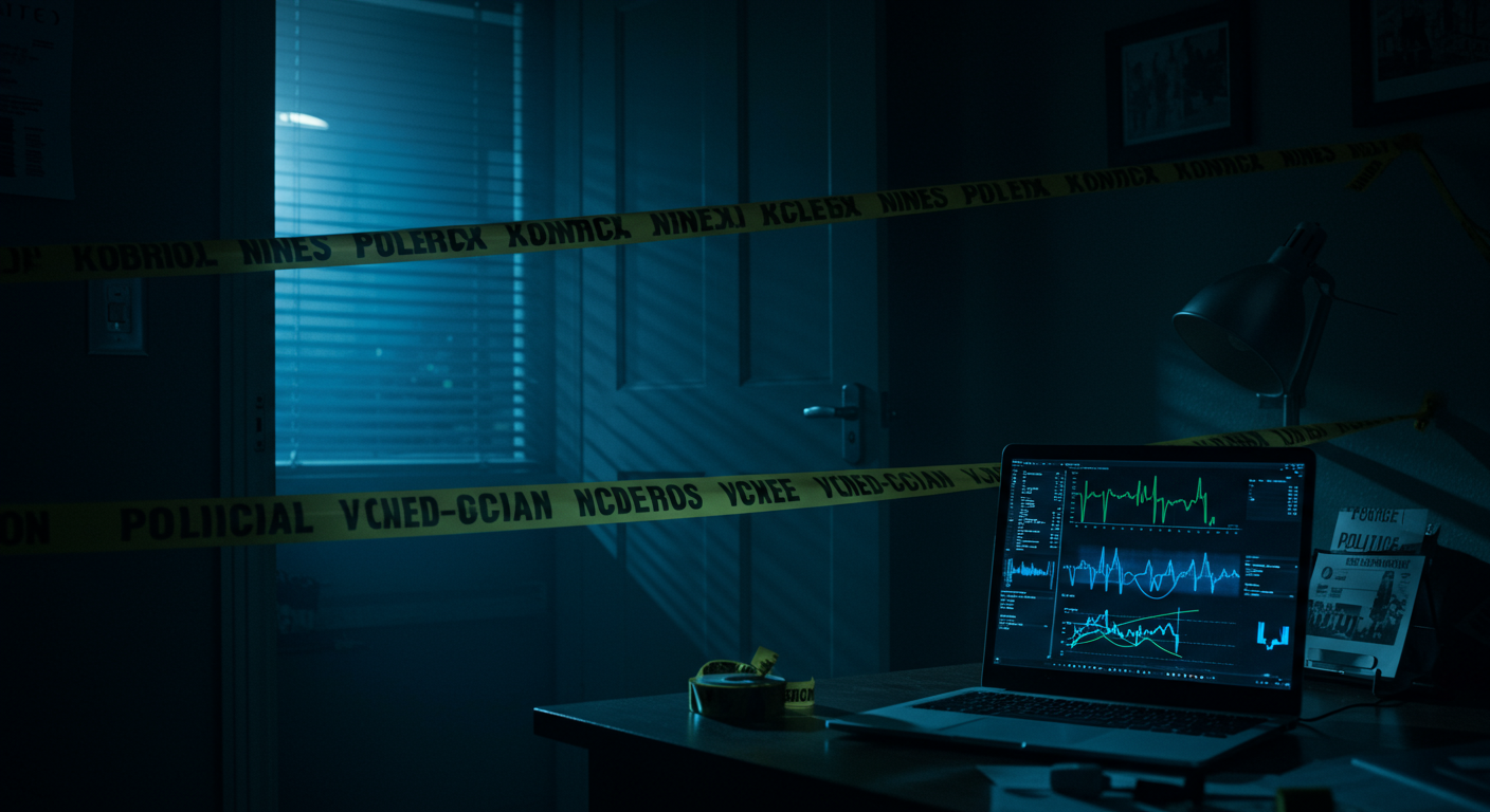 Escena fotorealista de investigación y consecuencias del caso en Estados Unidos, con pistas ligadas a Control, Poder.