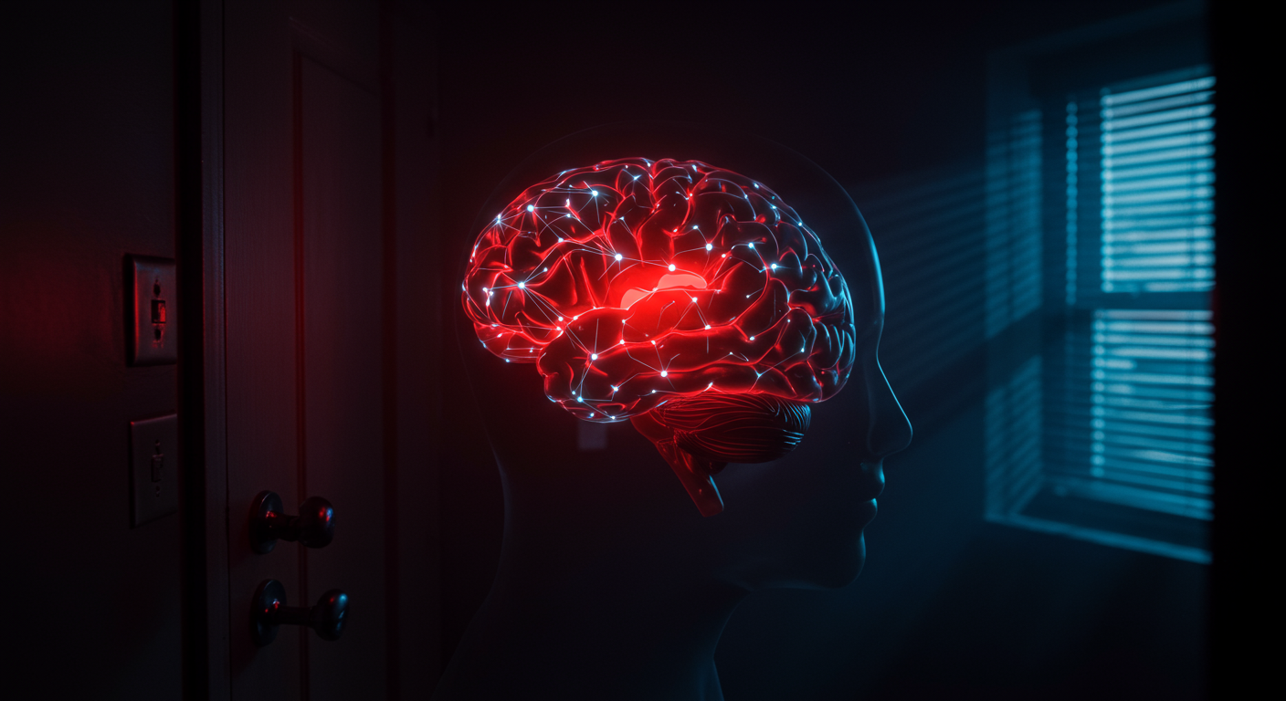 Escena fotorealista estilo true crime sobre un caso real en Estados Unidos, vinculada a Control, Poder y relaciones cercanas.