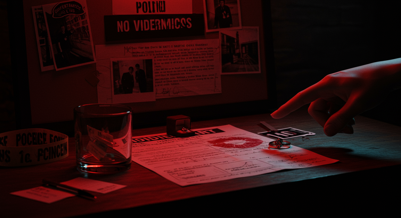 Ilustración noir sobre la investigación y consecuencias del caso en Estados Unidos, con señales de un motivo pasional.