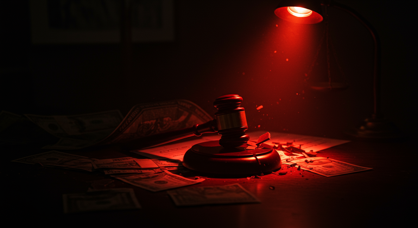 Ilustración simbólica de un crimen pasional en Estados Unidos, ligado a Dinero, Poder y relaciones cercanas.