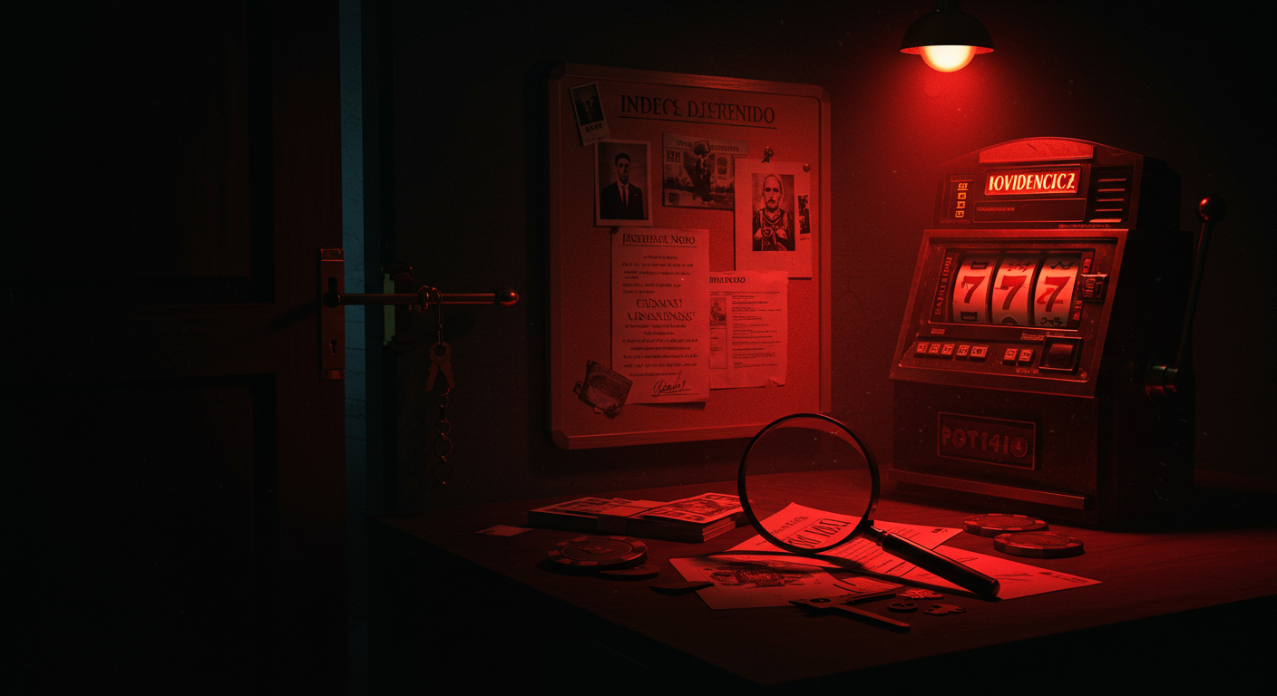 Ilustración noir sobre la investigación y consecuencias del caso en México, con señales de Control, Dinero, Poder.