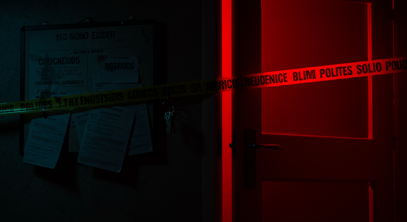 Ilustración noir sobre la investigación y consecuencias del caso en México, con señales de Control, Poder.