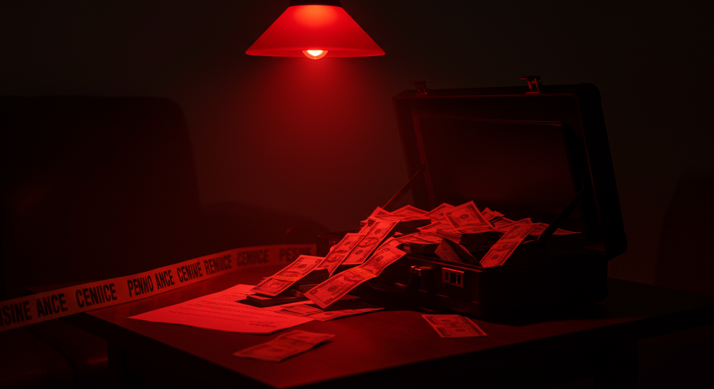 Escena fotorealista del contexto íntimo del caso en México, con señales de Dinero y Padres e Hijos.