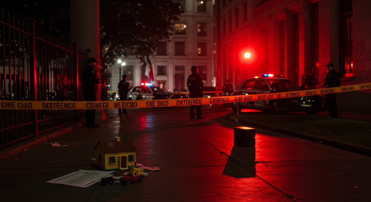 Escena fotorealista de investigación y consecuencias del caso en México, con pistas ligadas a Dinero.