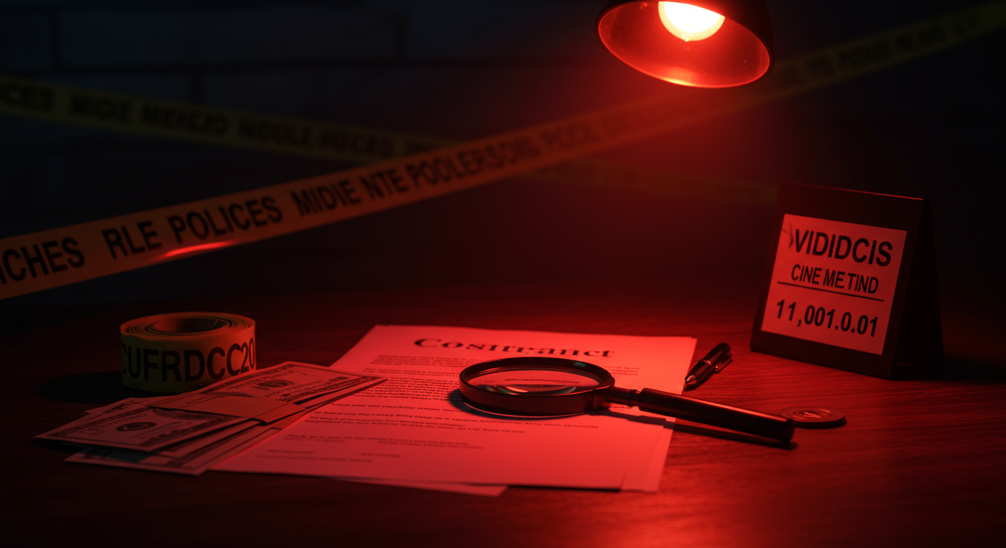 Ilustración noir sobre la investigación y consecuencias del caso en México, con señales de Dinero, Poder.