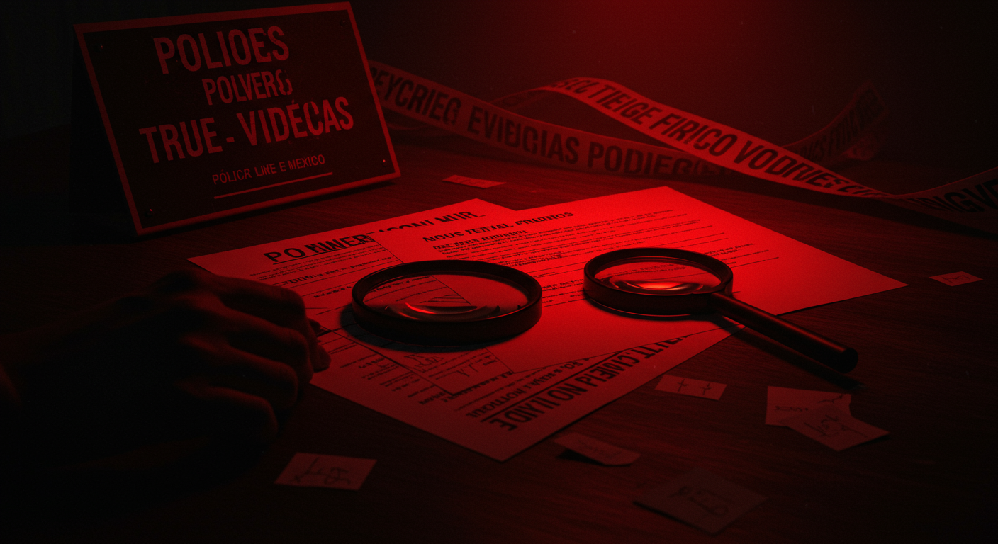 Ilustración noir sobre la investigación y consecuencias del caso en México, con señales de Poder.