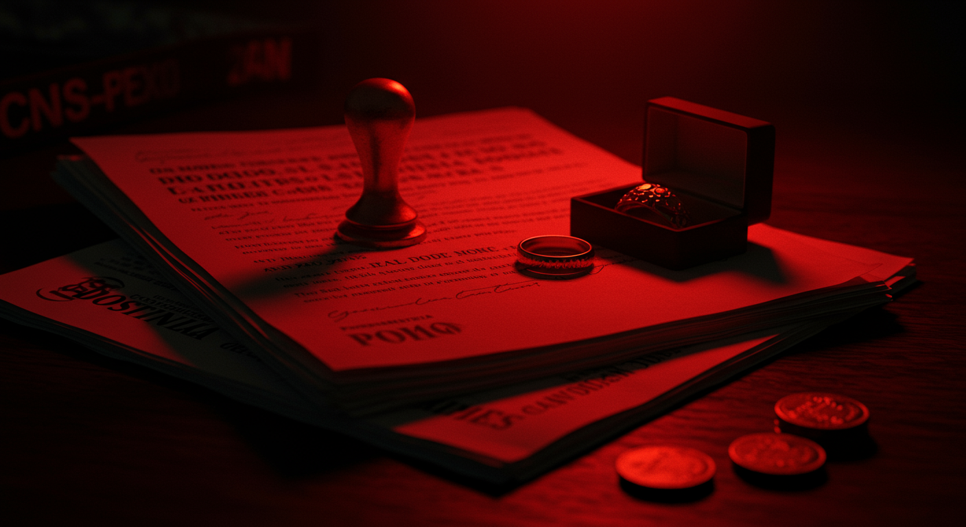 Escena editorial relacionada con el detonante del caso: Poder, en un contexto de Esposos.