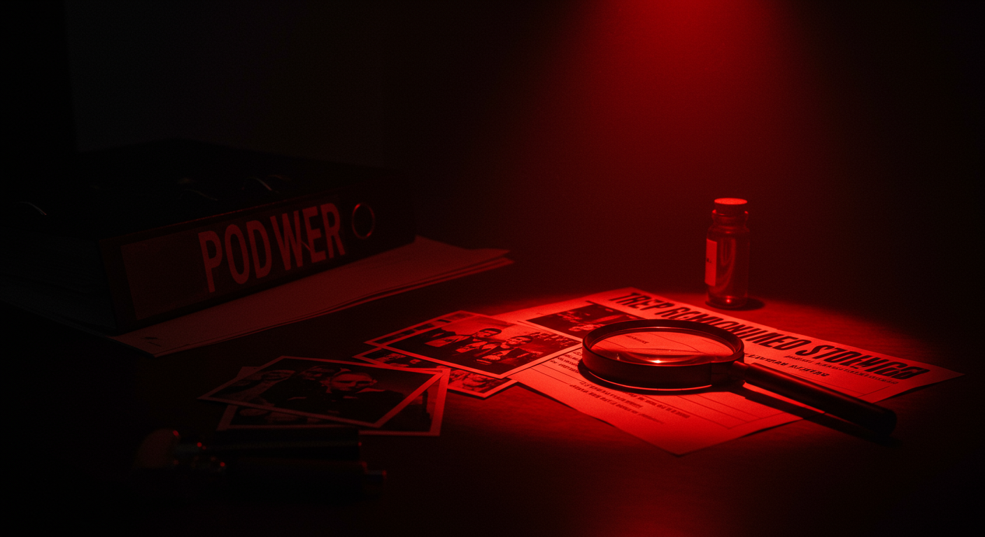 Ilustración noir sobre la investigación y consecuencias del caso en México, con señales de Poder.