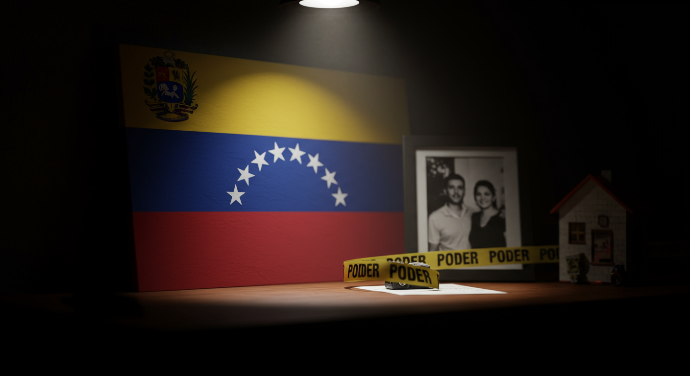 Escena fotorealista estilo true crime sobre un caso real en Puerto Rico, vinculada a Poder y Esposos, Padres e Hijos.