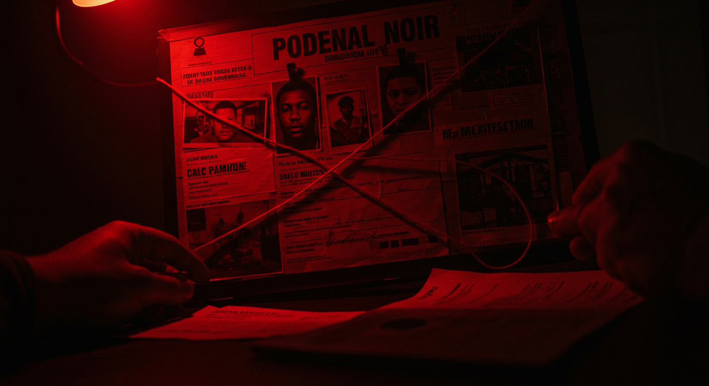 Ilustración noir sobre la investigación y consecuencias del caso en República Dominicana, con señales de Poder.