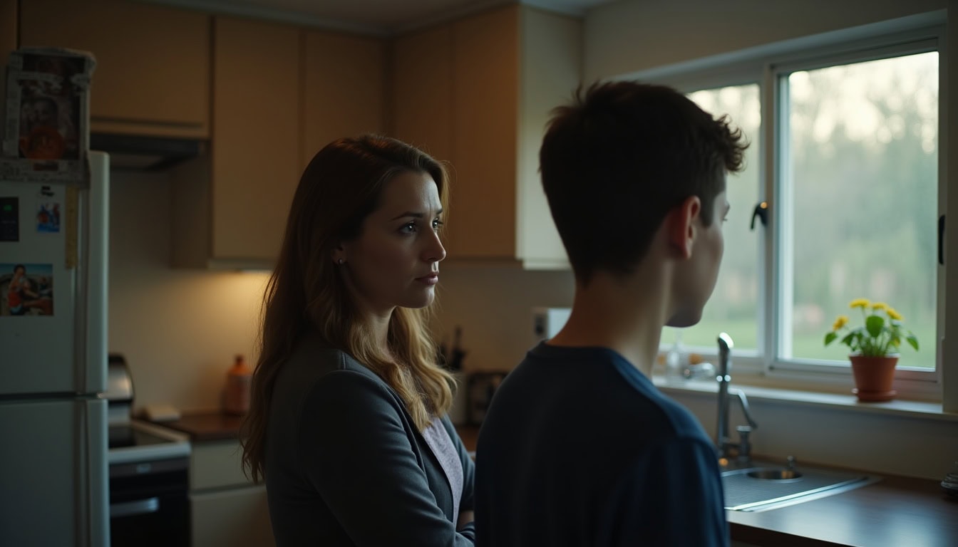 Escena fotorealista del contexto íntimo del caso en Estados Unidos, con señales de un conflicto y Padres e hijos, Hermanos.