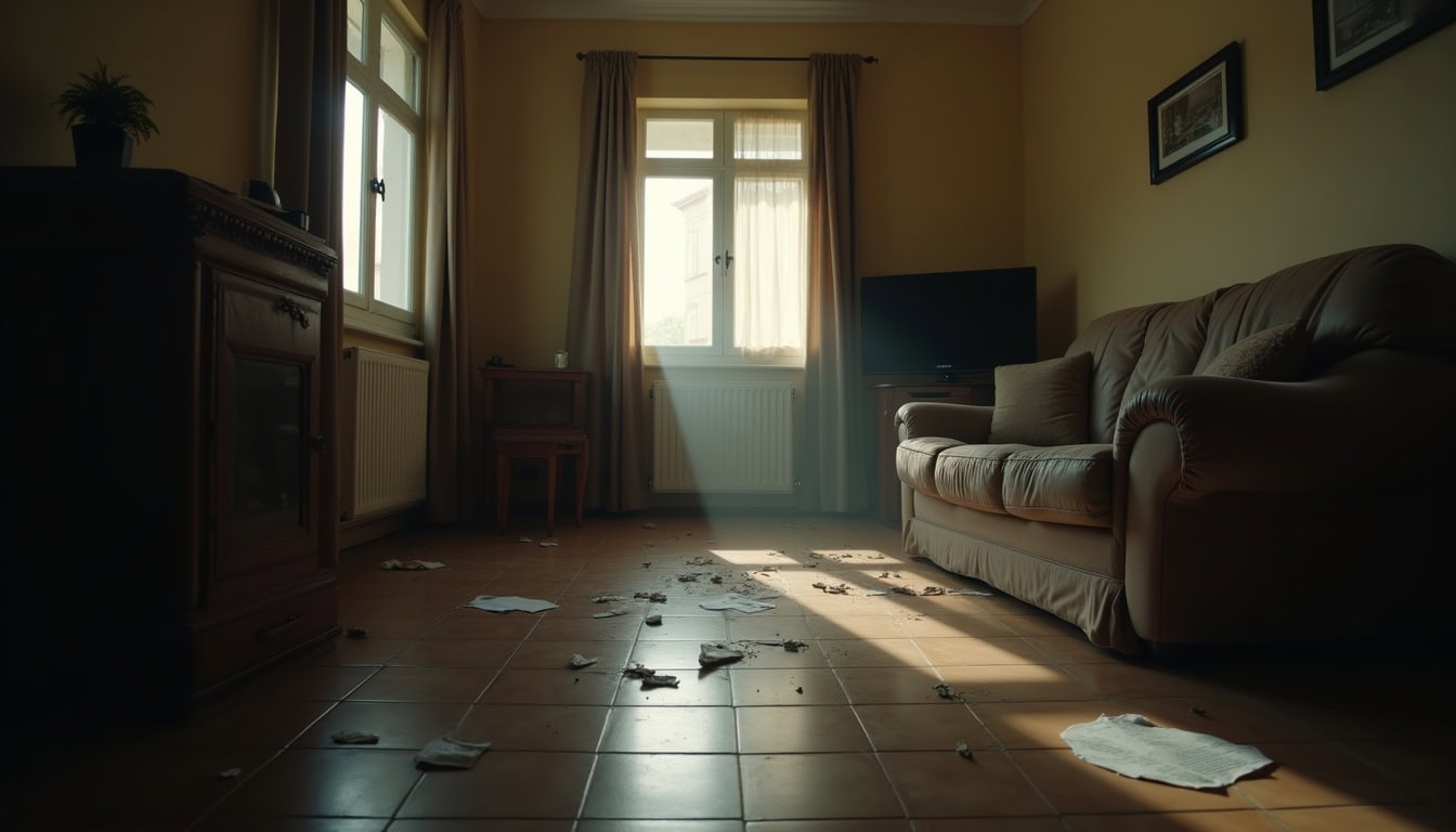 Escena fotorealista del contexto íntimo del caso en España, con señales de un conflicto y Exparejas, Hermanos.