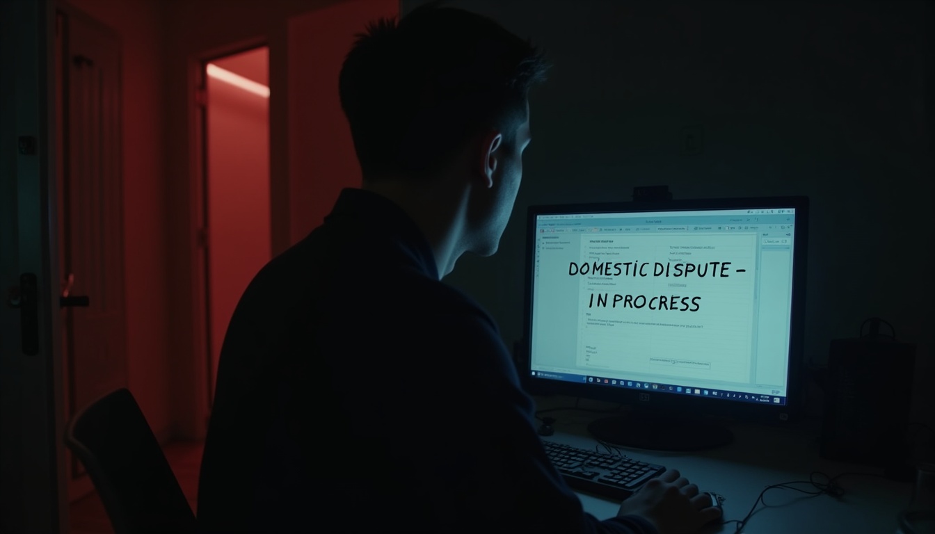 Escena fotorealista del contexto íntimo del caso en Estados Unidos, con señales de Control, Poder y Esposos, Amigos cercanos.