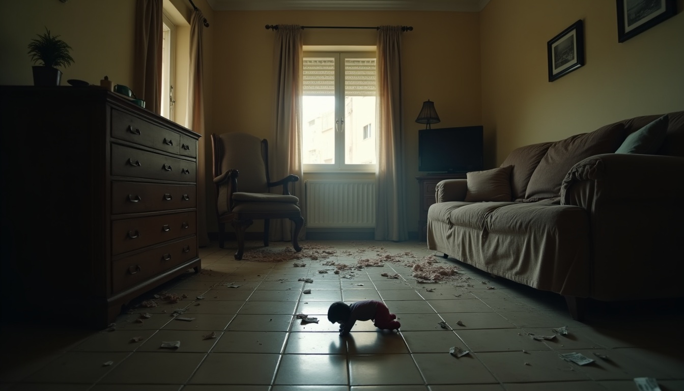 Escena fotorealista del contexto íntimo del caso en Argentina, con señales de Dinero y Exparejas, Padres e hijos.