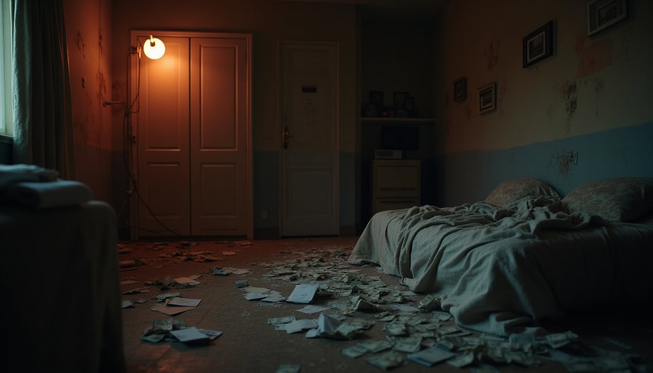 Escena fotorealista del contexto íntimo del caso en República Dominicana, con señales de Dinero y relaciones cercanas.